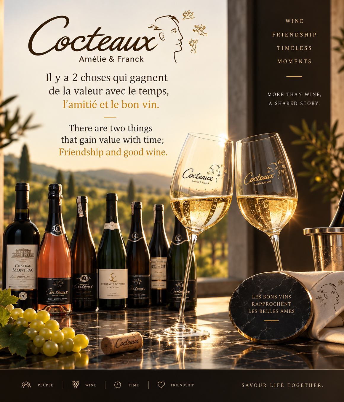 Guests sharing a table set with Domaine Cocteaux wines
