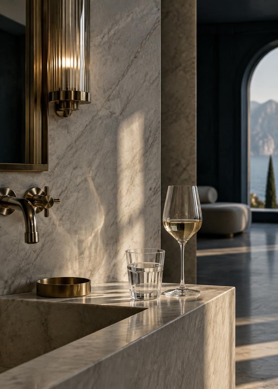 Marble washroom detail with a brushed brass fitting and a glass of white wine on a stone ledge